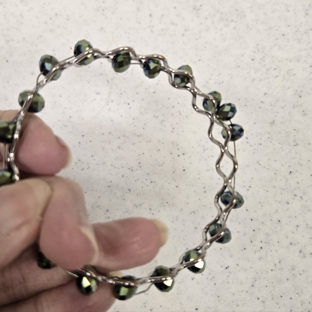 Beautiful Bangle Bracelet With Green/Blue Iridescent Beads Wired To It.